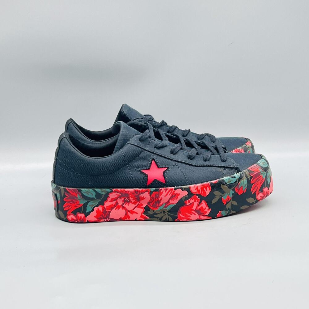 Converse Shoes Womens 8 Black Red Floral Canvas One Star Floral Platform Sneaker